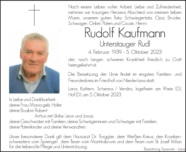 Traueranzeige von Rudolf Kaufmann von Dolomiten