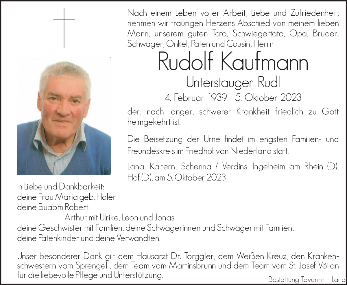  Traueranzeige für Rudolf Kaufmann vom 06.10.2023 aus Dolomiten