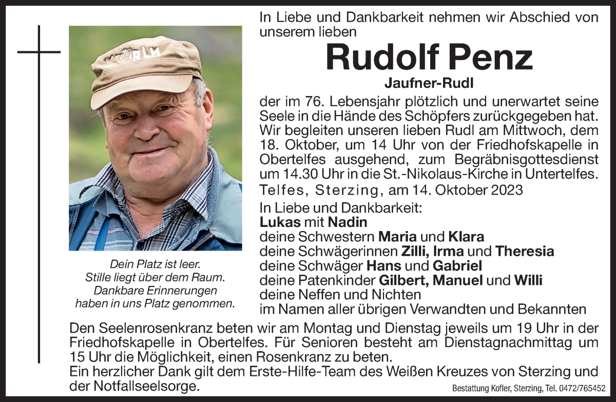  Traueranzeige für Rudolf Penz vom 16.10.2023 aus Dolomiten
