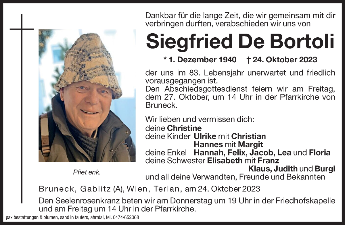  Traueranzeige für Siegfried De Bortoli vom 25.10.2023 aus Dolomiten