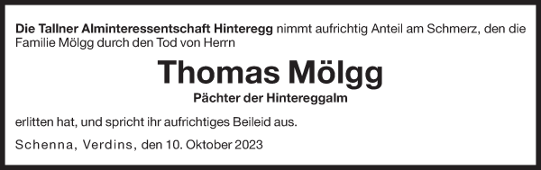Traueranzeige von Thomas Mölgg von Dolomiten