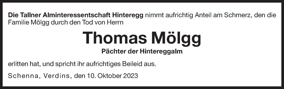  Traueranzeige für Thomas Mölgg vom 13.10.2023 aus Dolomiten