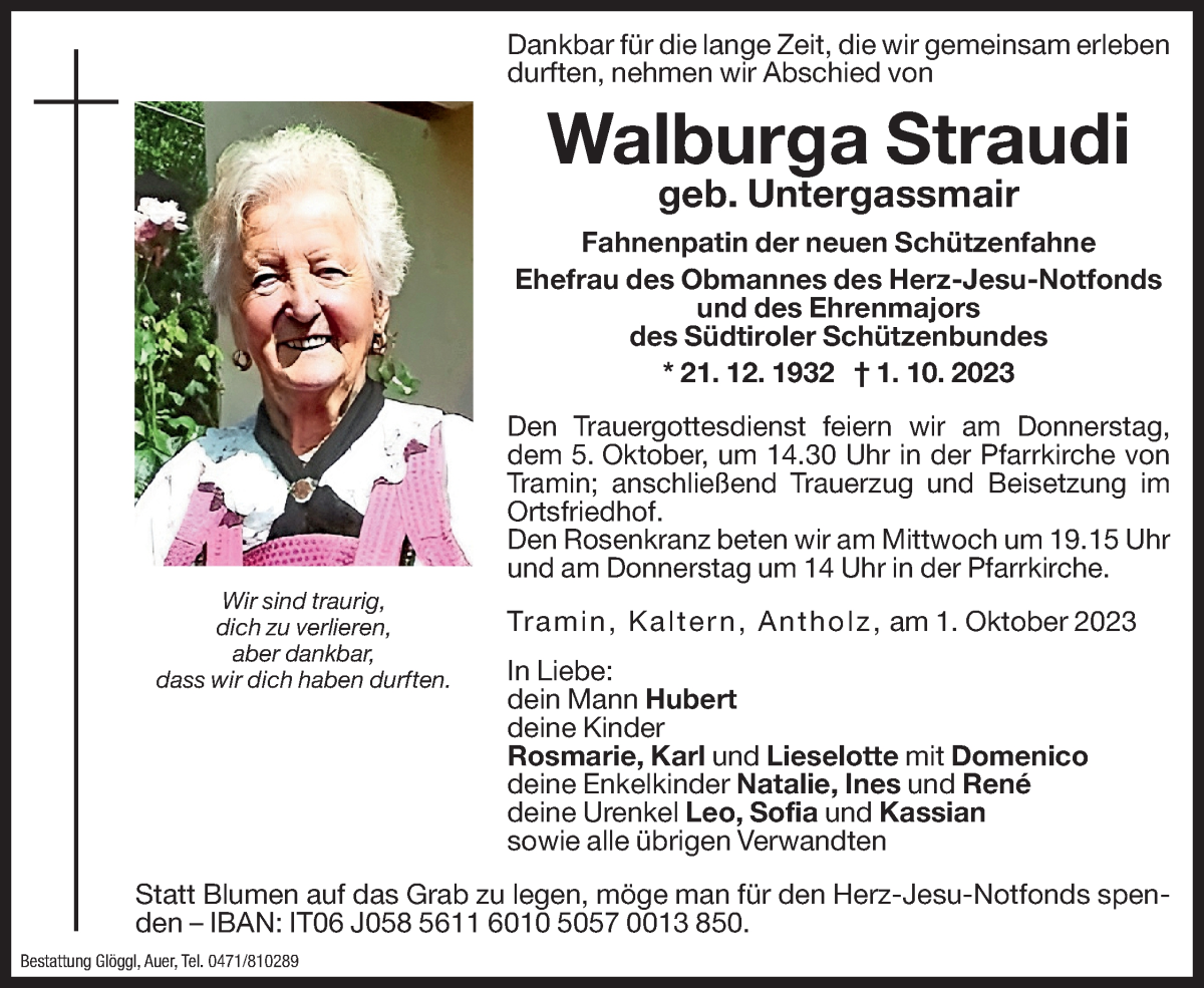  Traueranzeige für Walburga Straudi vom 03.10.2023 aus Dolomiten
