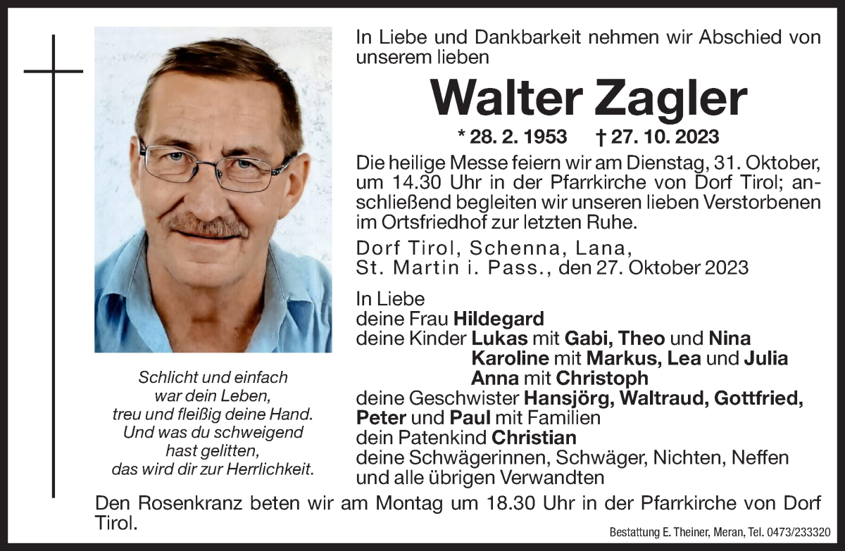  Traueranzeige für Walter Zagler vom 28.10.2023 aus Dolomiten