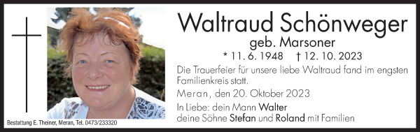 Traueranzeige von Waltraud Schönweger von Dolomiten