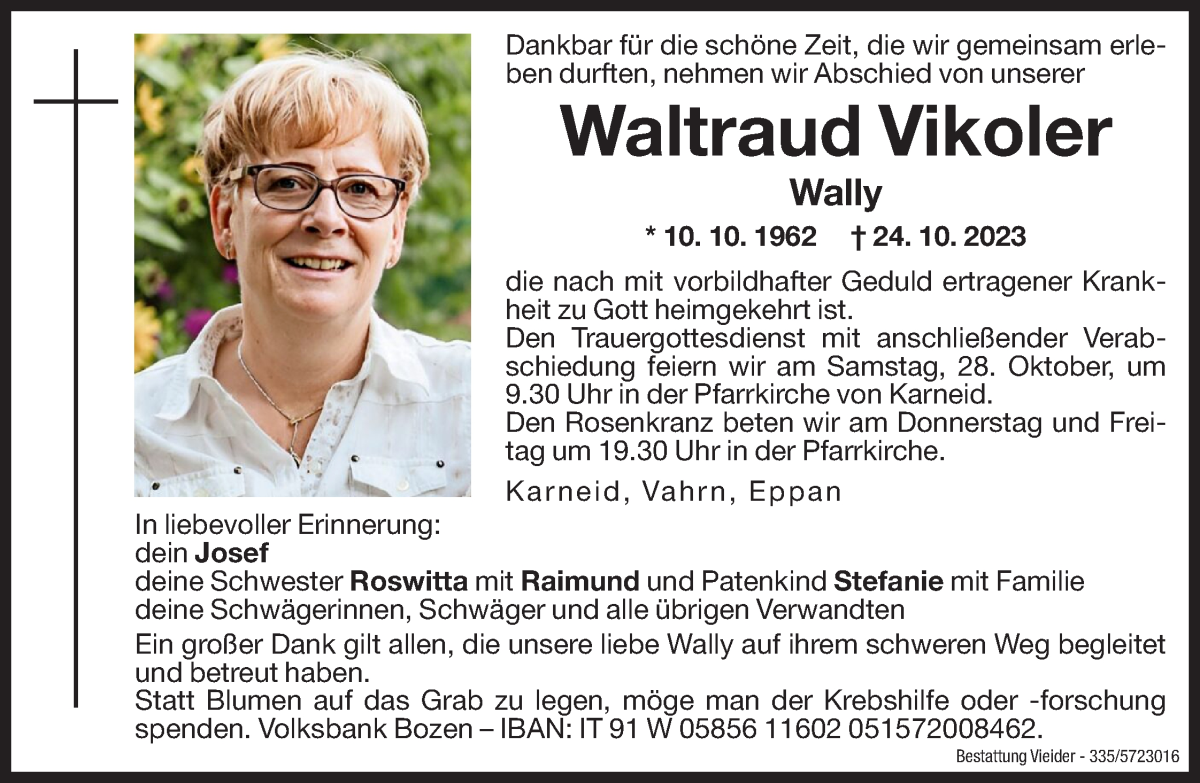  Traueranzeige für Waltraud Vikoler vom 26.10.2023 aus Dolomiten
