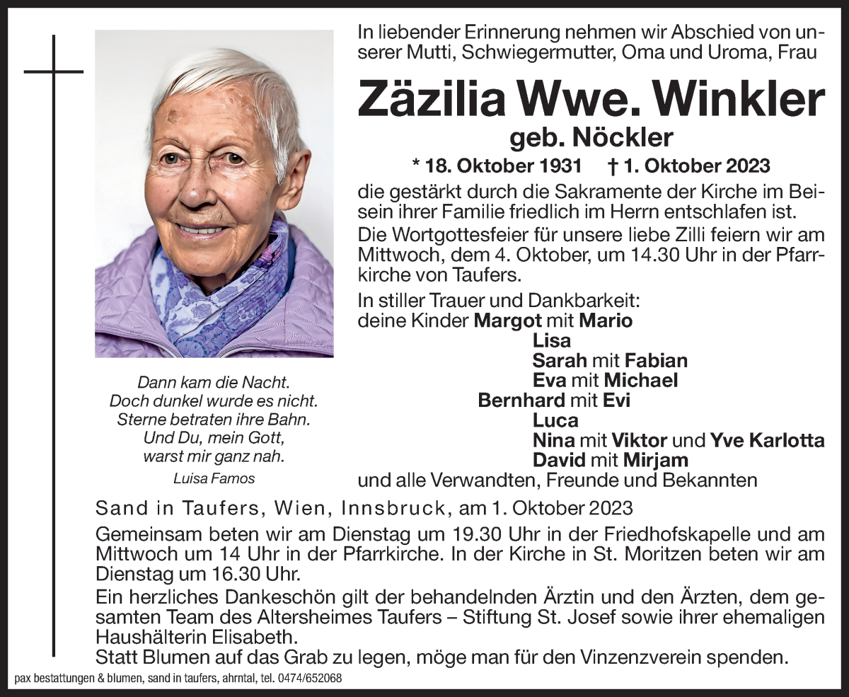  Traueranzeige für Zäzilia Winkler vom 03.10.2023 aus Dolomiten