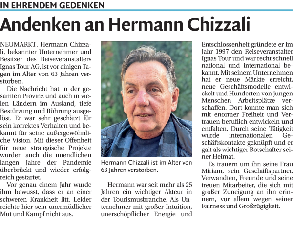 Traueranzeige von Hermann Chizzali von Dolomiten