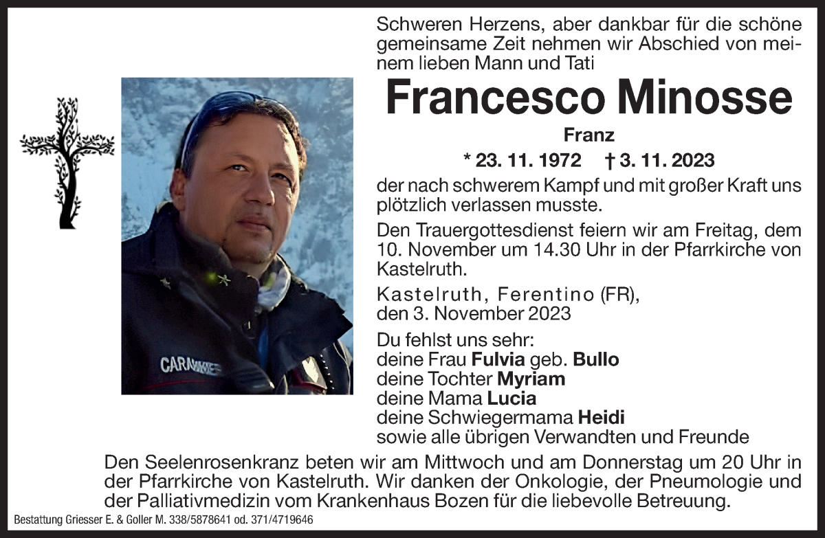  Traueranzeige für Francesco Minosse vom 07.11.2023 aus Dolomiten