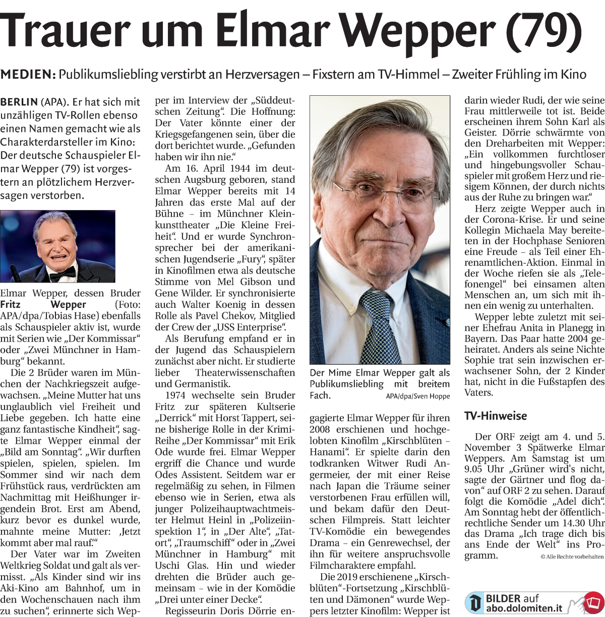  Traueranzeige für Elmar Wepper vom 02.11.2023 aus Dolomiten