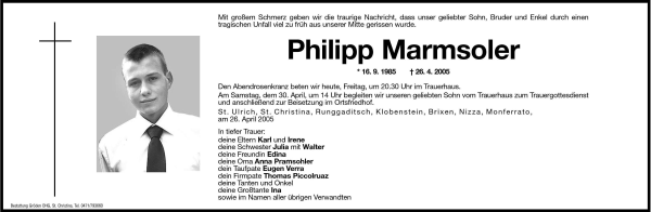 Traueranzeige von Philipp Marmsoler von Dolomiten