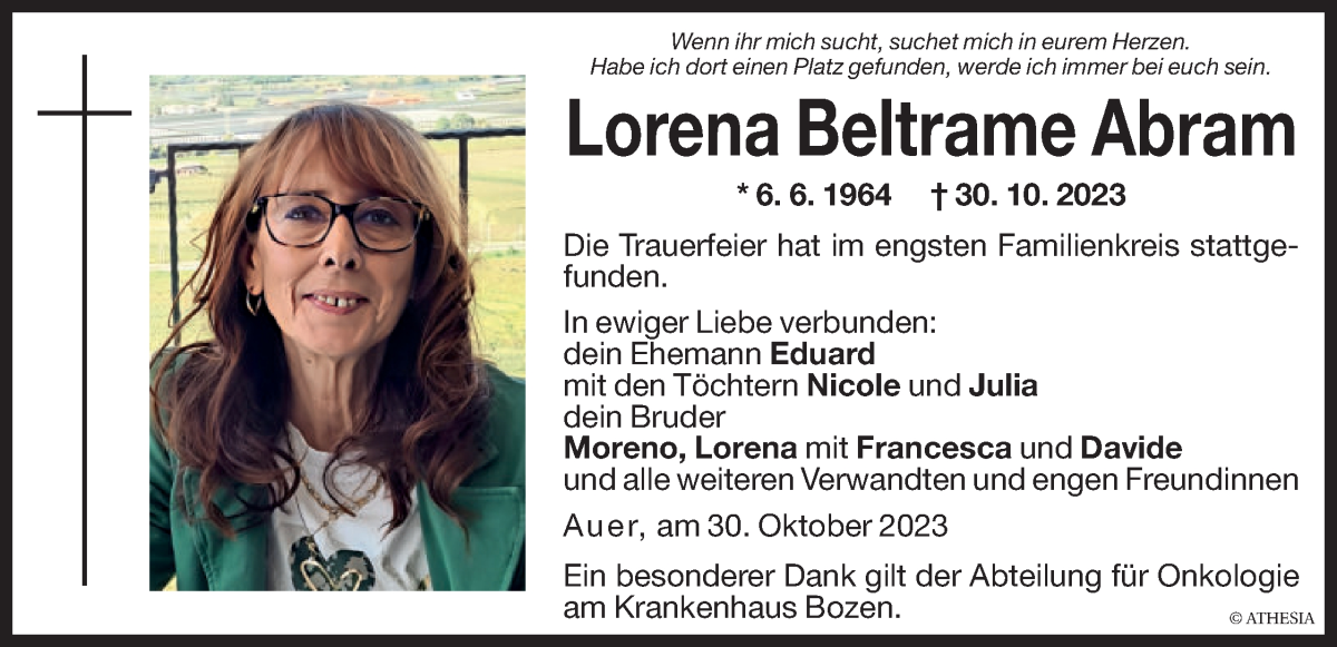  Traueranzeige für Lorena Abram vom 08.11.2023 aus Dolomiten