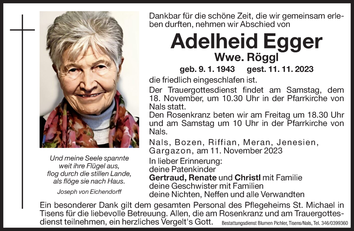  Traueranzeige für Adelheid Röggl vom 17.11.2023 aus Dolomiten