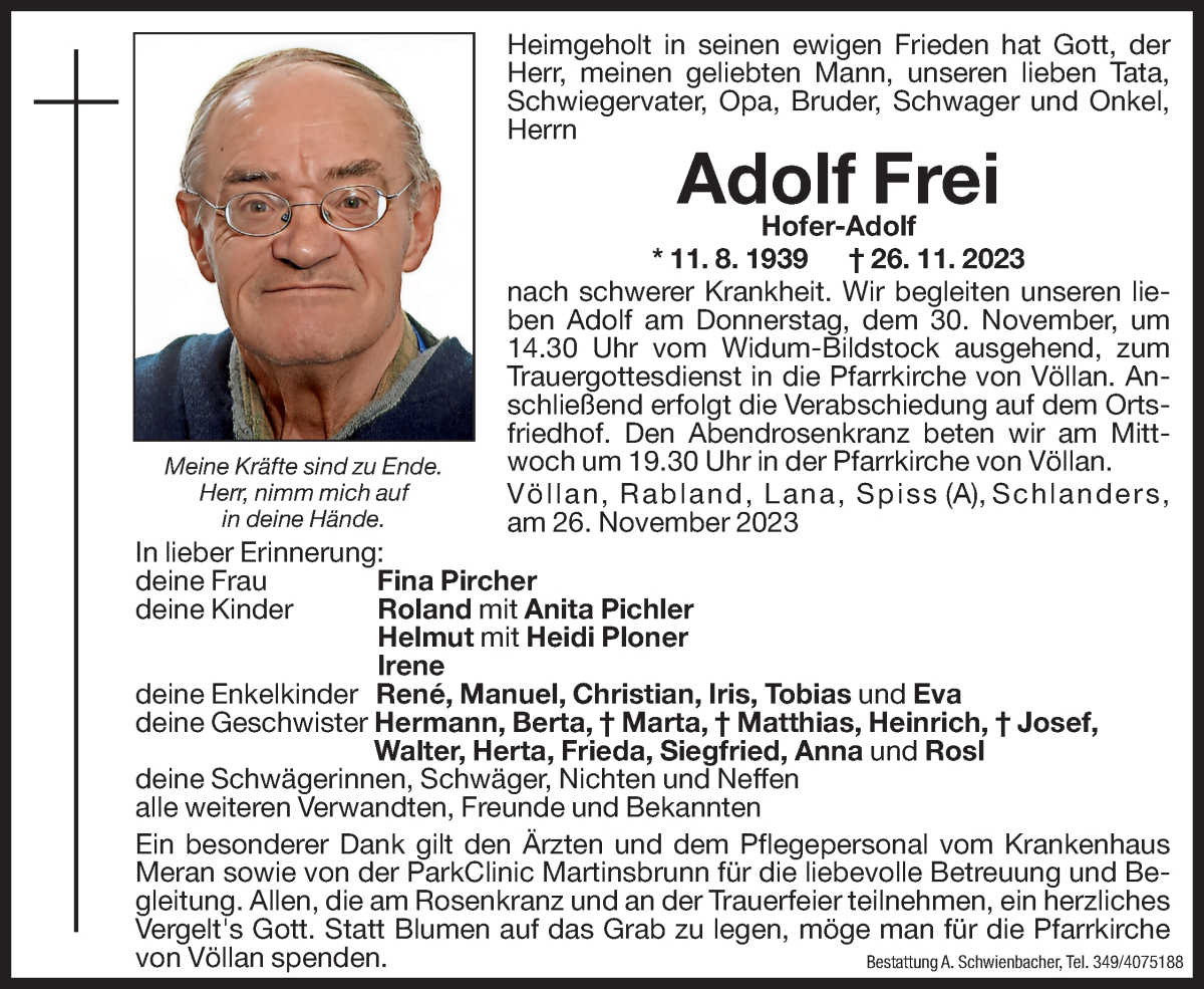  Traueranzeige für Adolf Frei vom 28.11.2023 aus Dolomiten