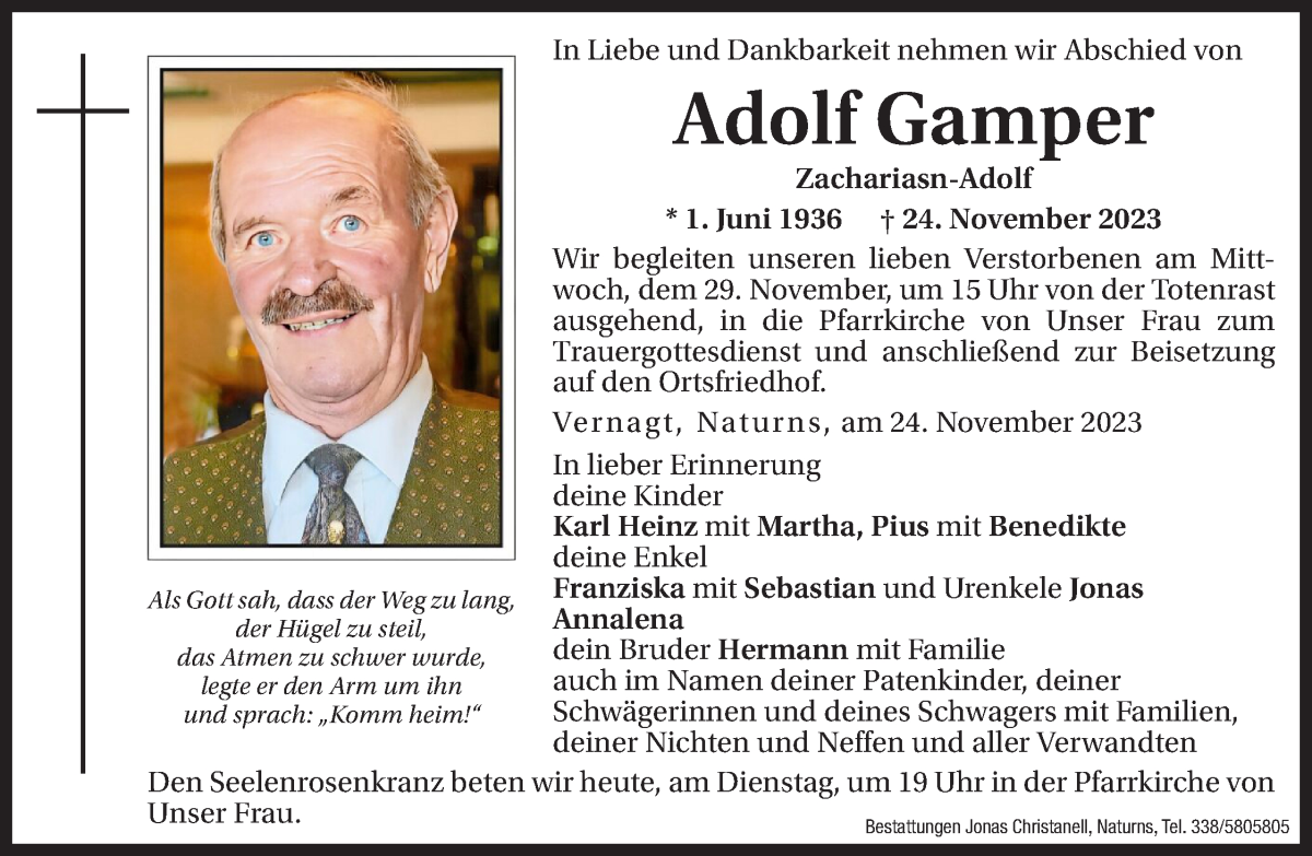  Traueranzeige für Adolf Gamper vom 28.11.2023 aus Dolomiten