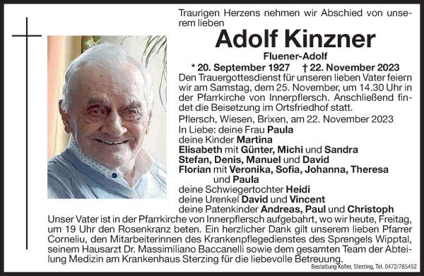 Traueranzeige von Adolf Kinzner von Dolomiten