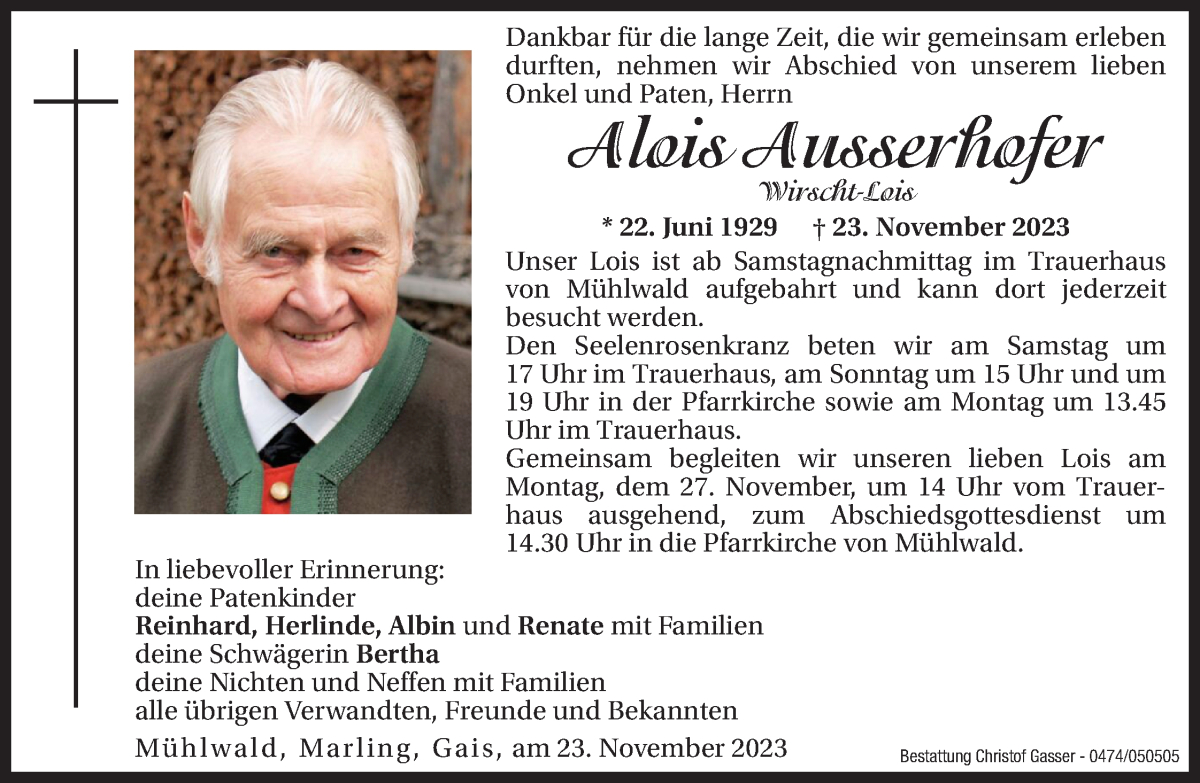  Traueranzeige für Alois Ausserhofer vom 25.11.2023 aus Dolomiten