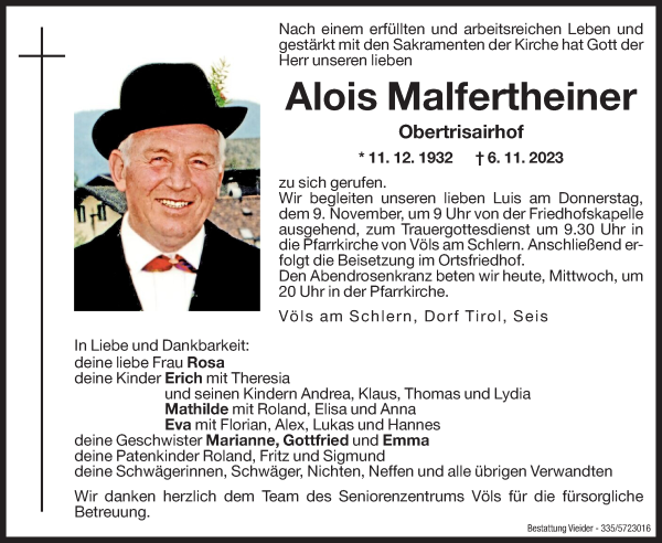Traueranzeige von Alois Malfertheiner von Dolomiten