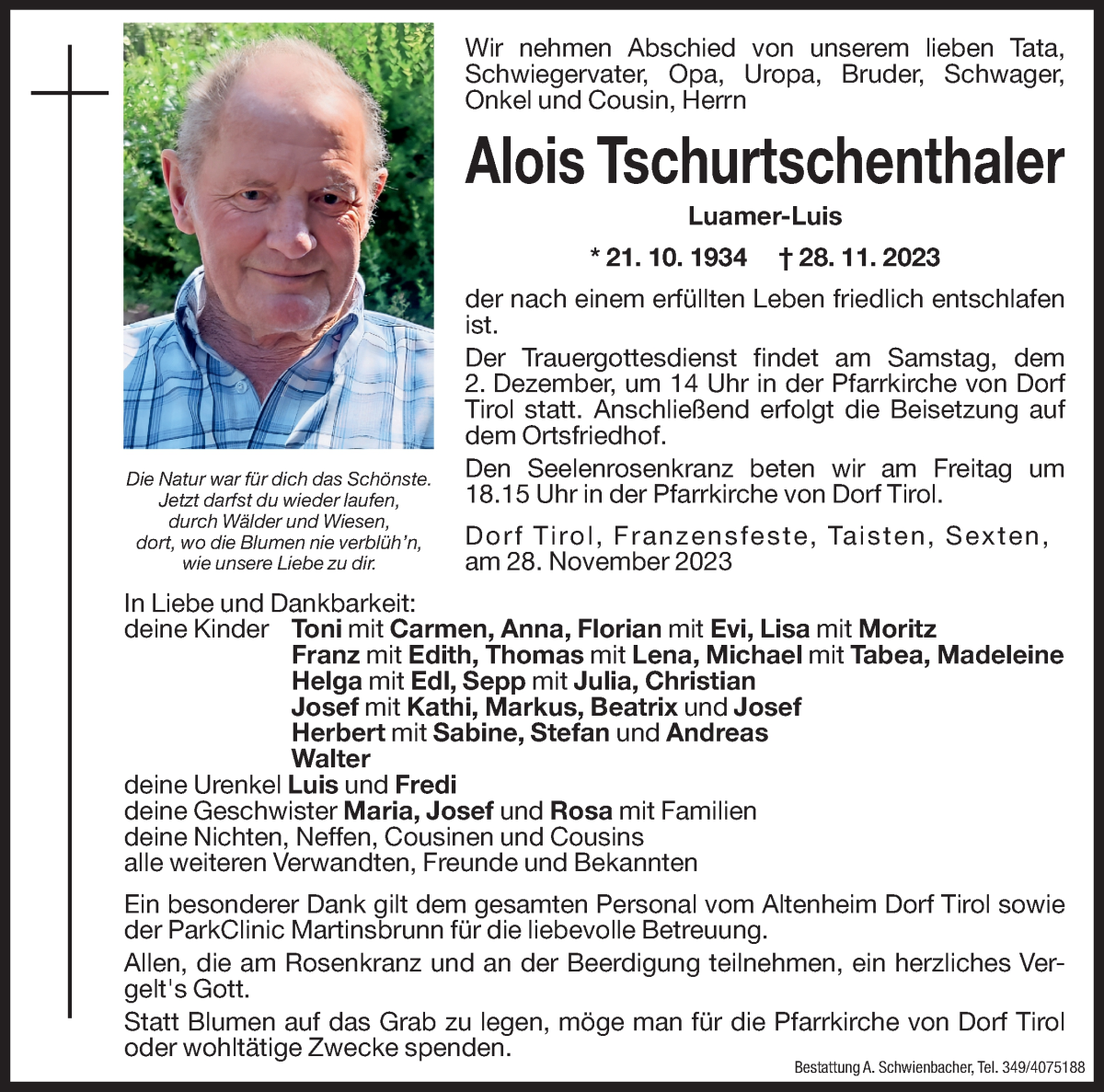  Traueranzeige für Alois Tschurtschenthaler vom 30.11.2023 aus Dolomiten