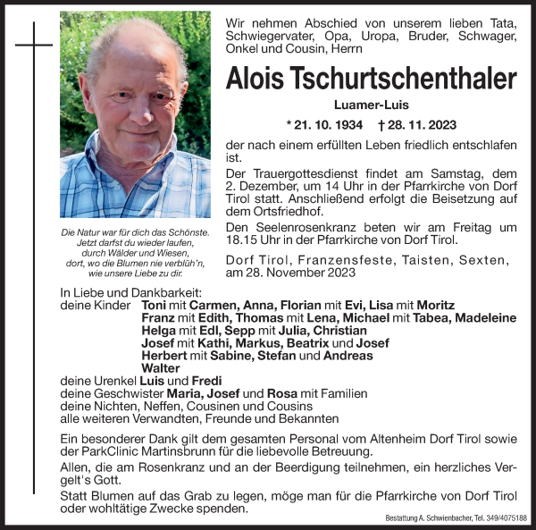 Traueranzeige von Alois Tschurtschenthaler von Dolomiten