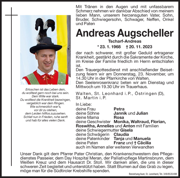 Traueranzeige von Andreas Augscheller von Dolomiten