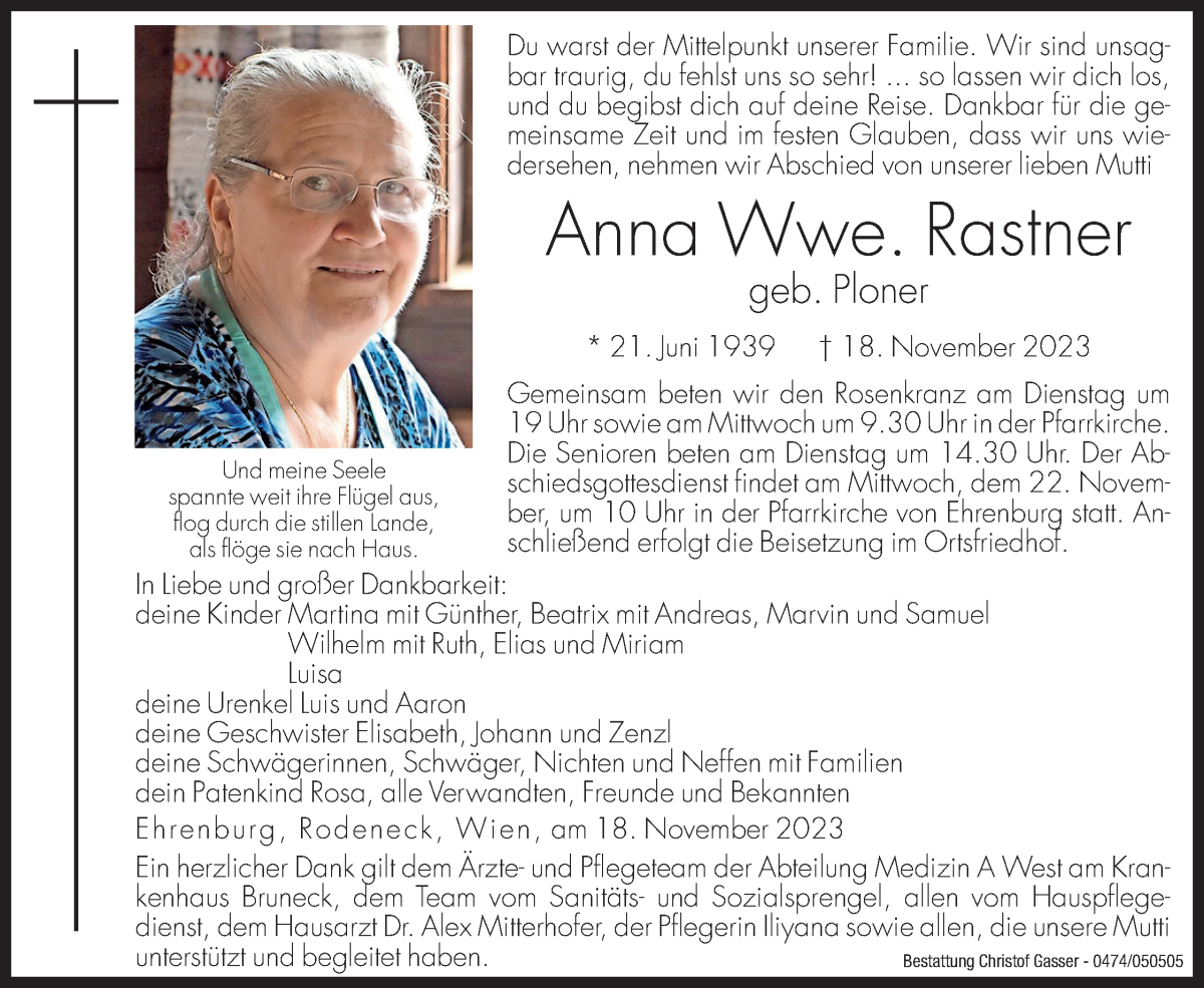  Traueranzeige für Anna Rastner vom 21.11.2023 aus Dolomiten