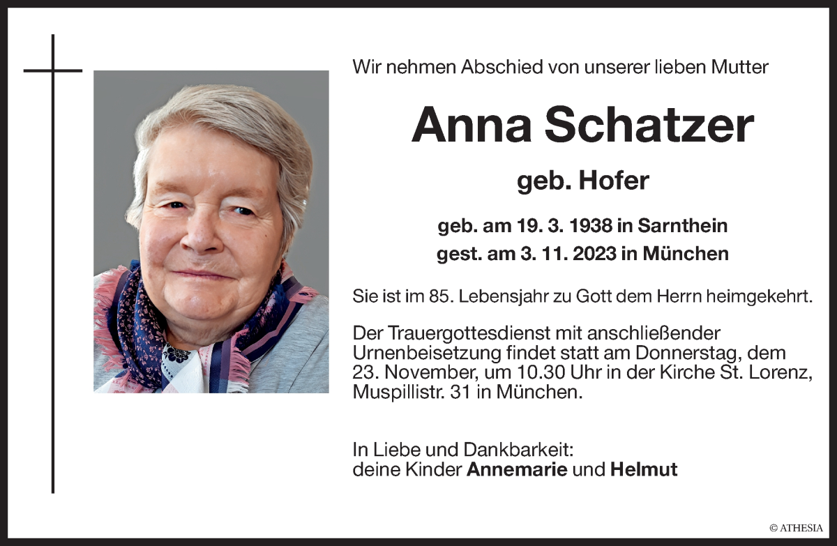  Traueranzeige für Anna Schatzer vom 15.11.2023 aus Dolomiten