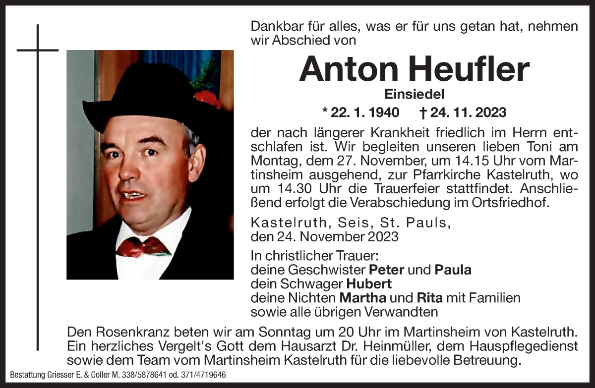  Traueranzeige für Anton Heufler vom 25.11.2023 aus Dolomiten