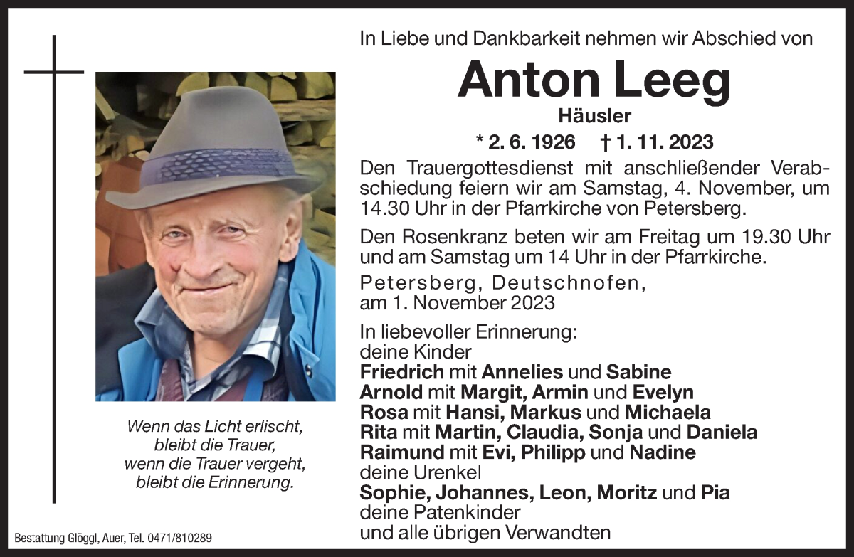  Traueranzeige für Anton Leeg vom 03.11.2023 aus Dolomiten