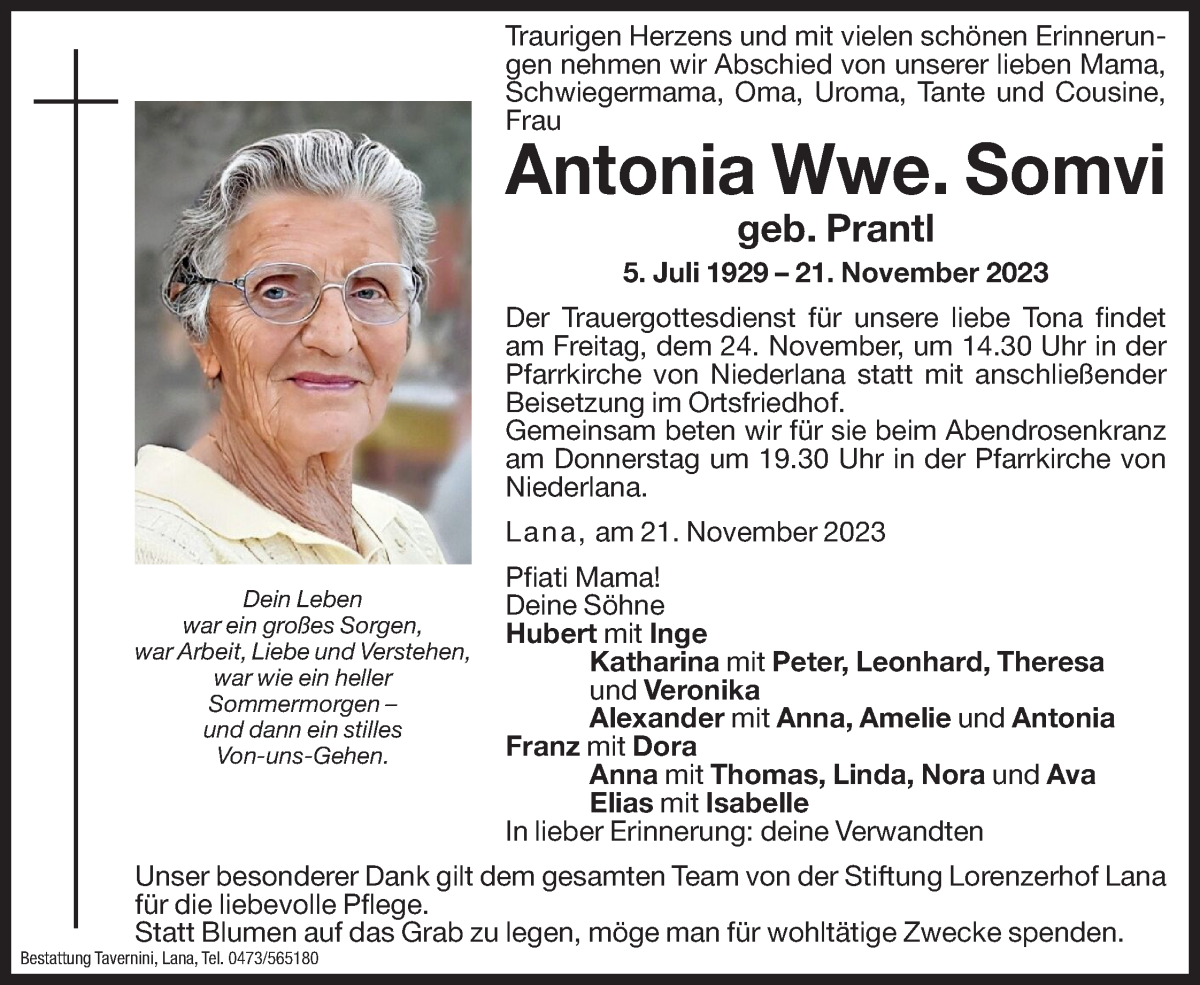  Traueranzeige für Antonia Somvi vom 23.11.2023 aus Dolomiten