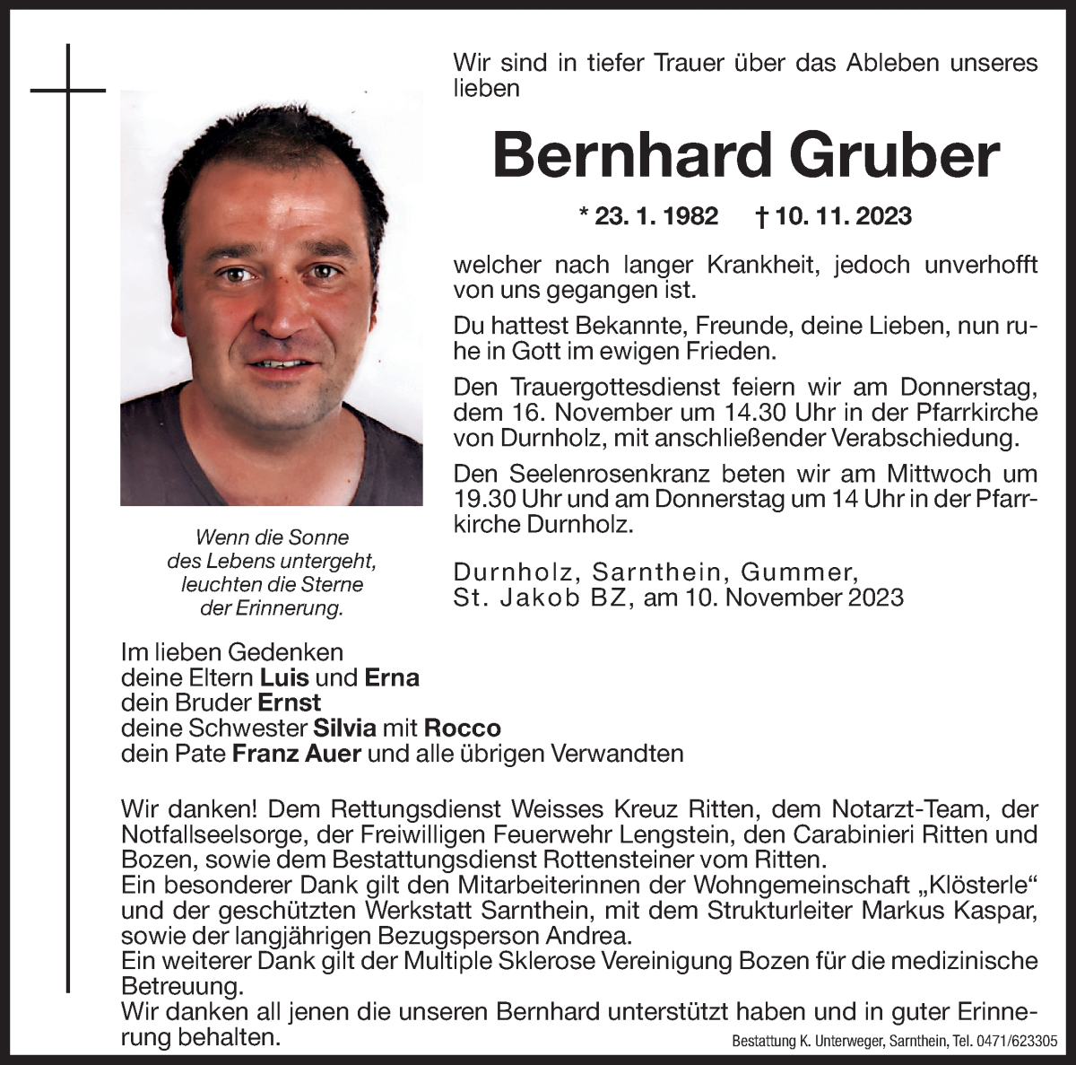  Traueranzeige für Bernhard Gruber vom 15.11.2023 aus Dolomiten