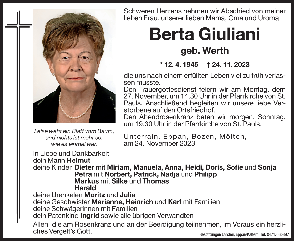  Traueranzeige für Berta Giuliani vom 25.11.2023 aus Dolomiten