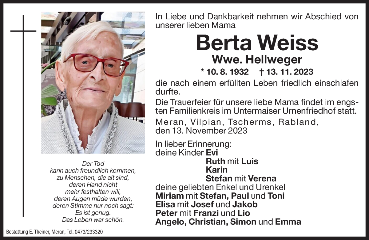  Traueranzeige für Berta Hellweger vom 17.11.2023 aus Dolomiten