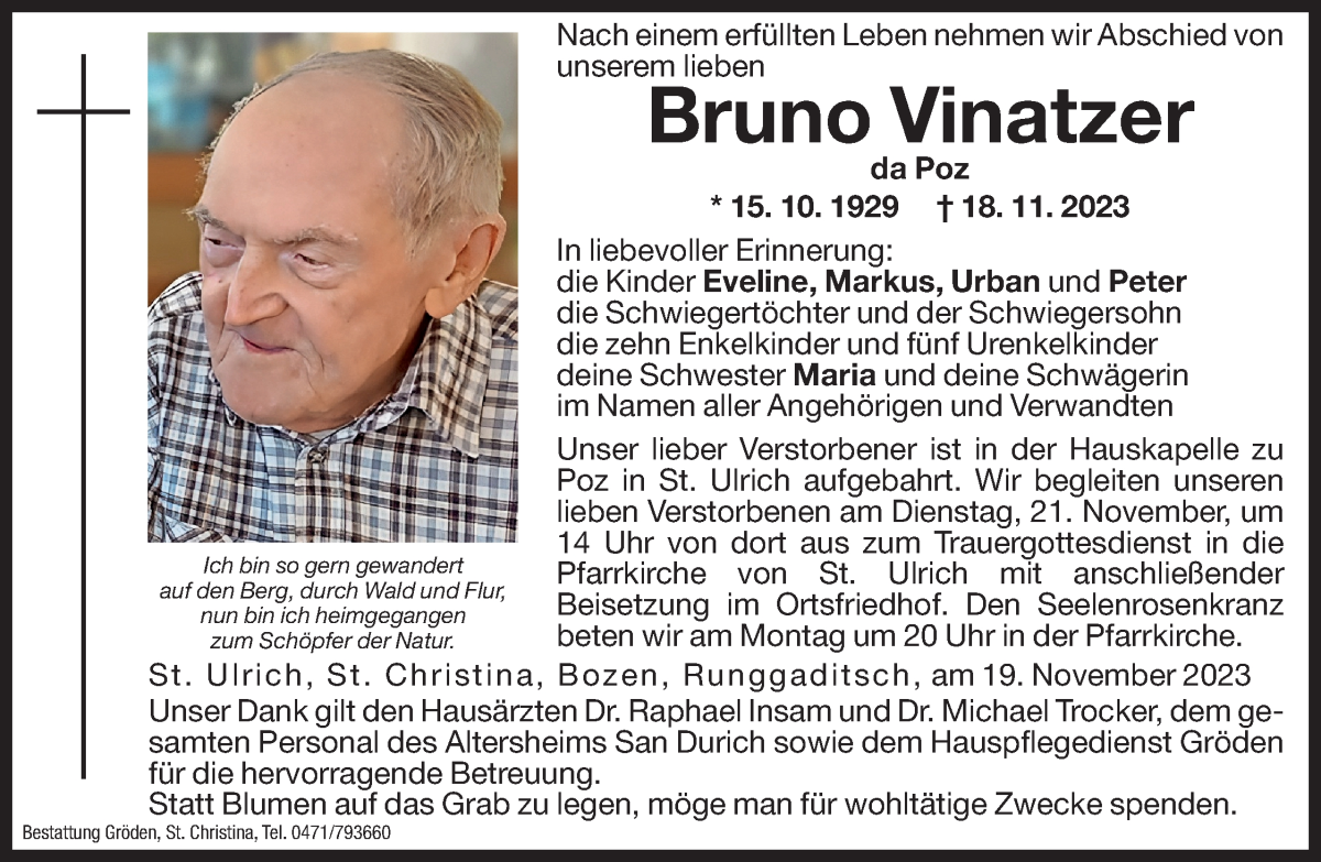  Traueranzeige für Bruno Vinatzer vom 20.11.2023 aus Dolomiten