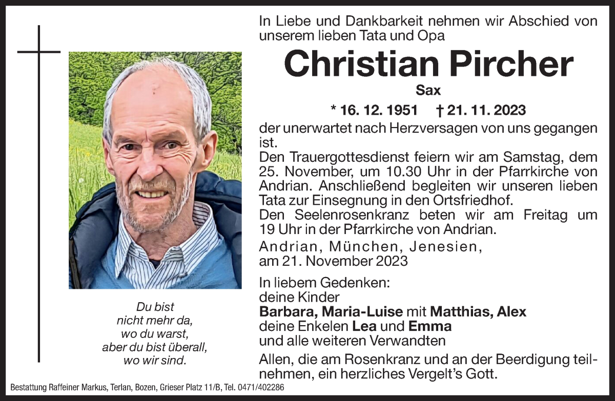 Traueranzeige für Christian Pircher vom 23.11.2023 aus Dolomiten