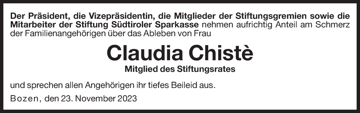  Traueranzeige für Claudia Chistè vom 28.11.2023 aus Dolomiten