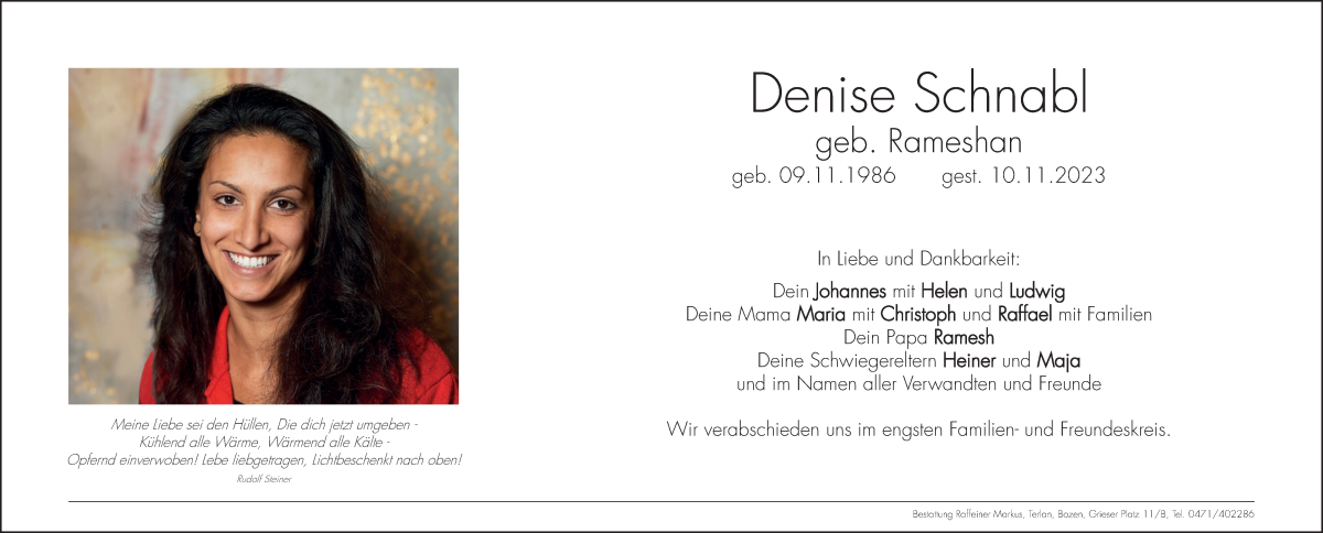  Traueranzeige für Denise Schnabl vom 15.11.2023 aus Dolomiten