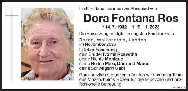 Traueranzeige von Dora Fontana Ros von Dolomiten
