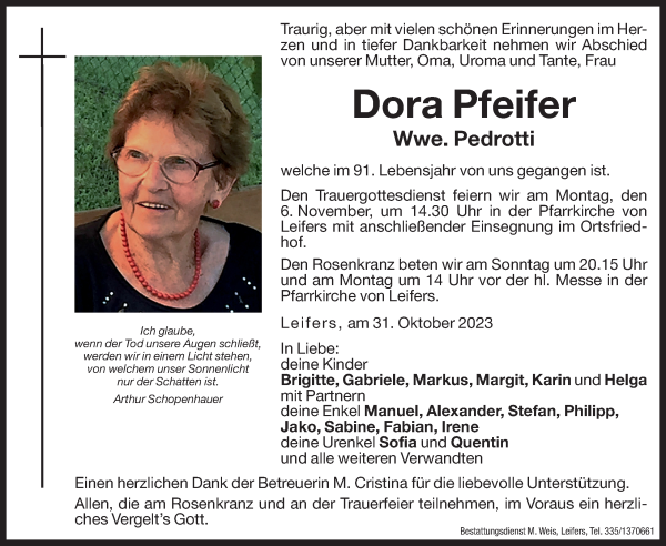 Traueranzeige von Dora Pedrotti von Dolomiten
