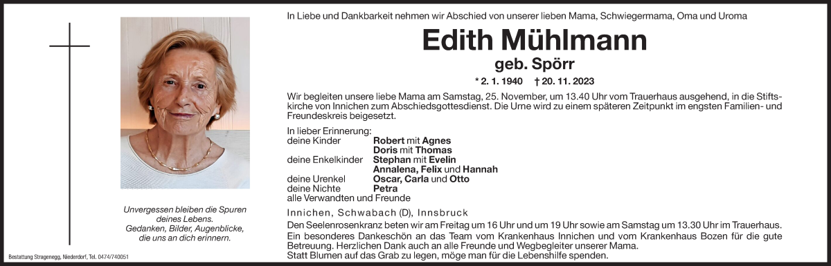  Traueranzeige für Edith Mühlmann vom 23.11.2023 aus Dolomiten