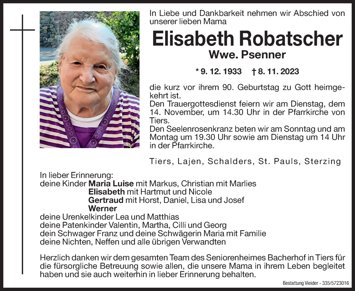  Traueranzeige für Elisabeth Psenner vom 10.11.2023 aus Dolomiten