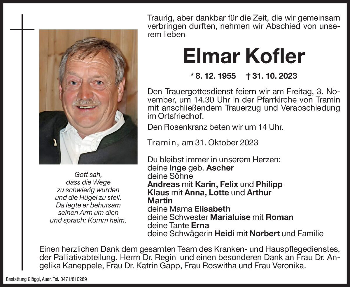  Traueranzeige für Elmar Kofler vom 02.11.2023 aus Dolomiten