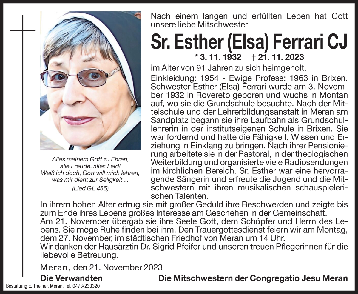  Traueranzeige für Elsa Ferrari vom 24.11.2023 aus Dolomiten