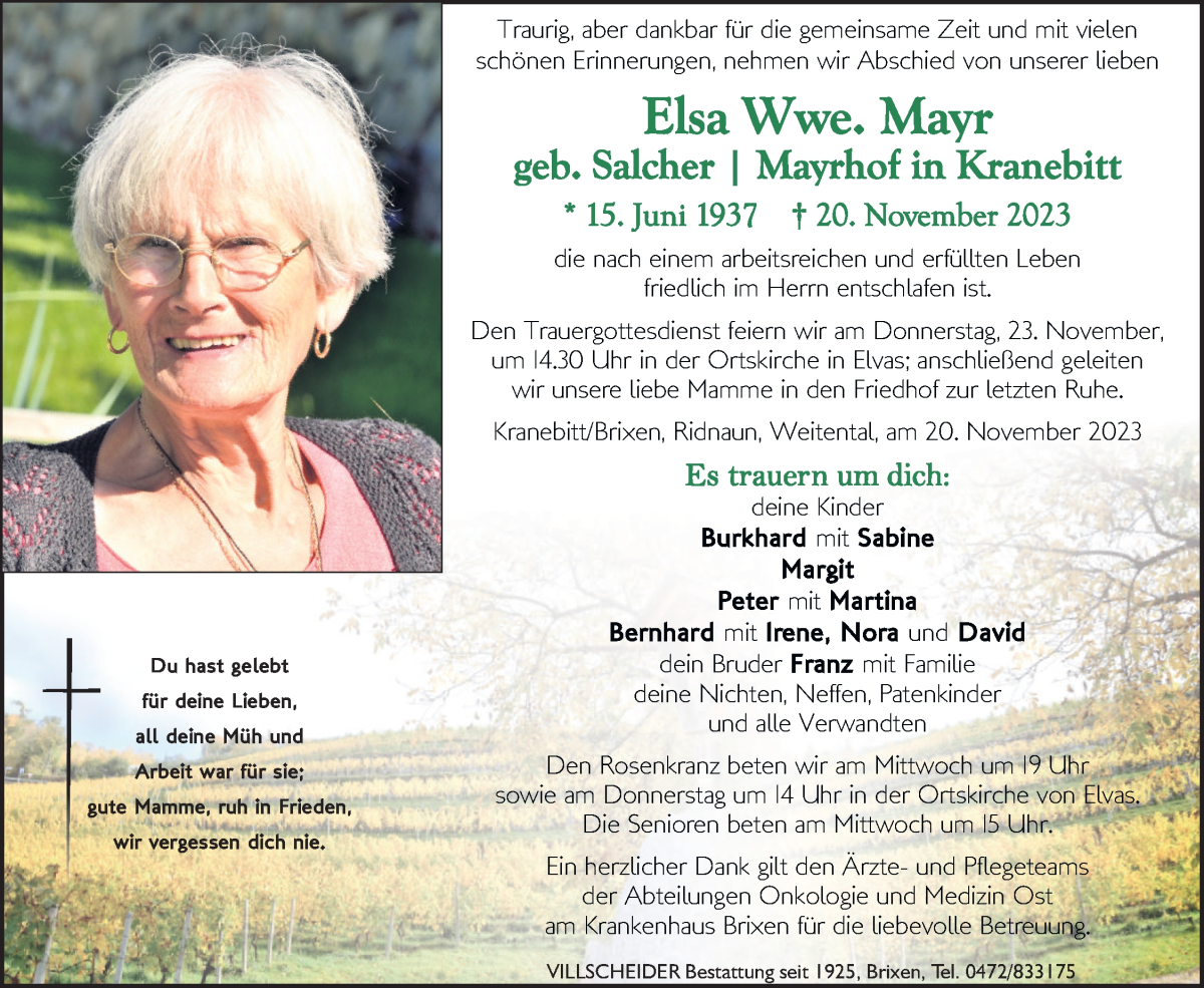  Traueranzeige für Elsa Mayr vom 21.11.2023 aus Dolomiten