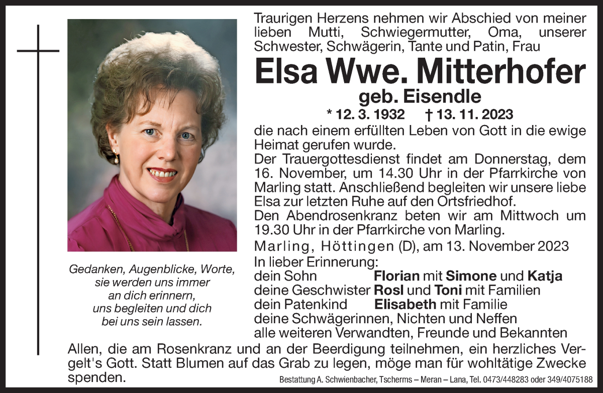  Traueranzeige für Elsa Mitterhofer vom 14.11.2023 aus Dolomiten