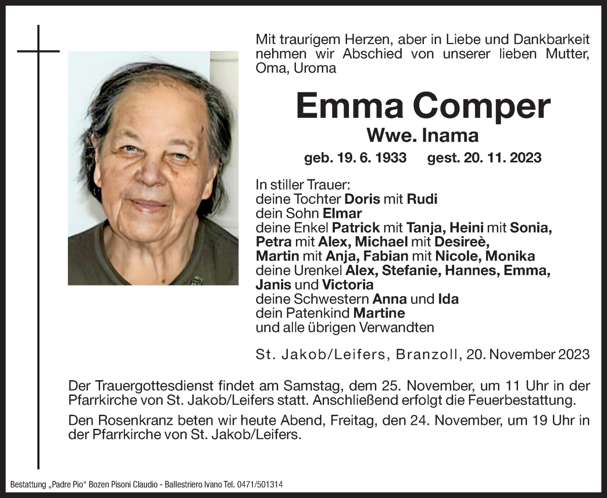  Traueranzeige für Emma Inama vom 24.11.2023 aus Dolomiten