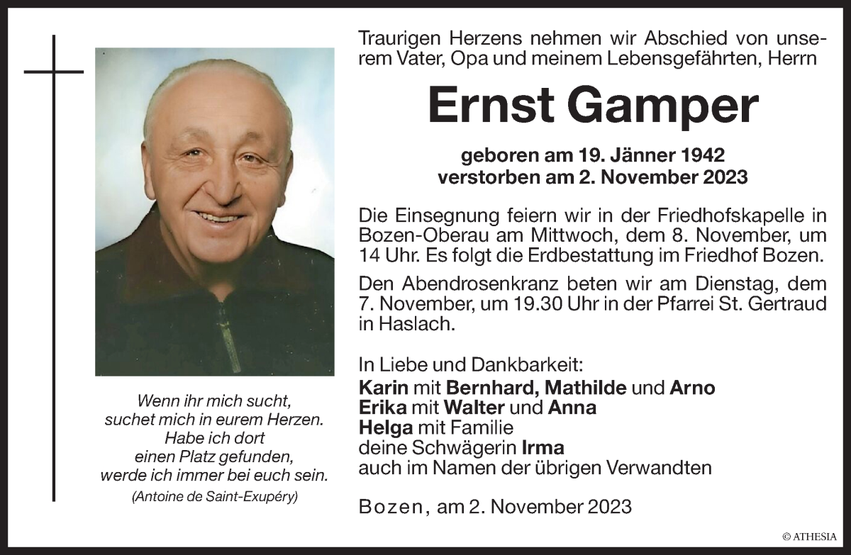  Traueranzeige für Ernst Gamper vom 06.11.2023 aus Dolomiten