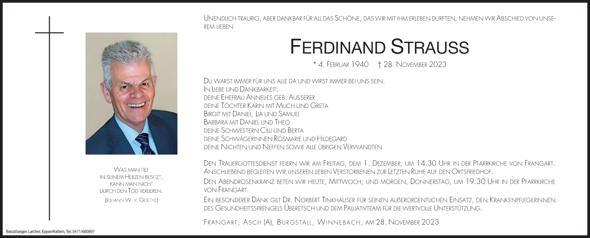  Traueranzeige für Ferdinand Strauss vom 29.11.2023 aus Dolomiten