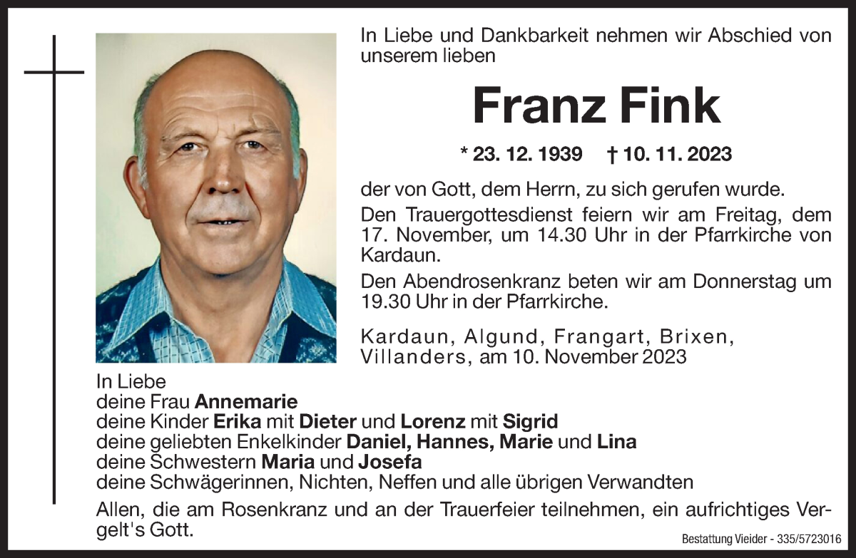  Traueranzeige für Franz Fink vom 15.11.2023 aus Dolomiten