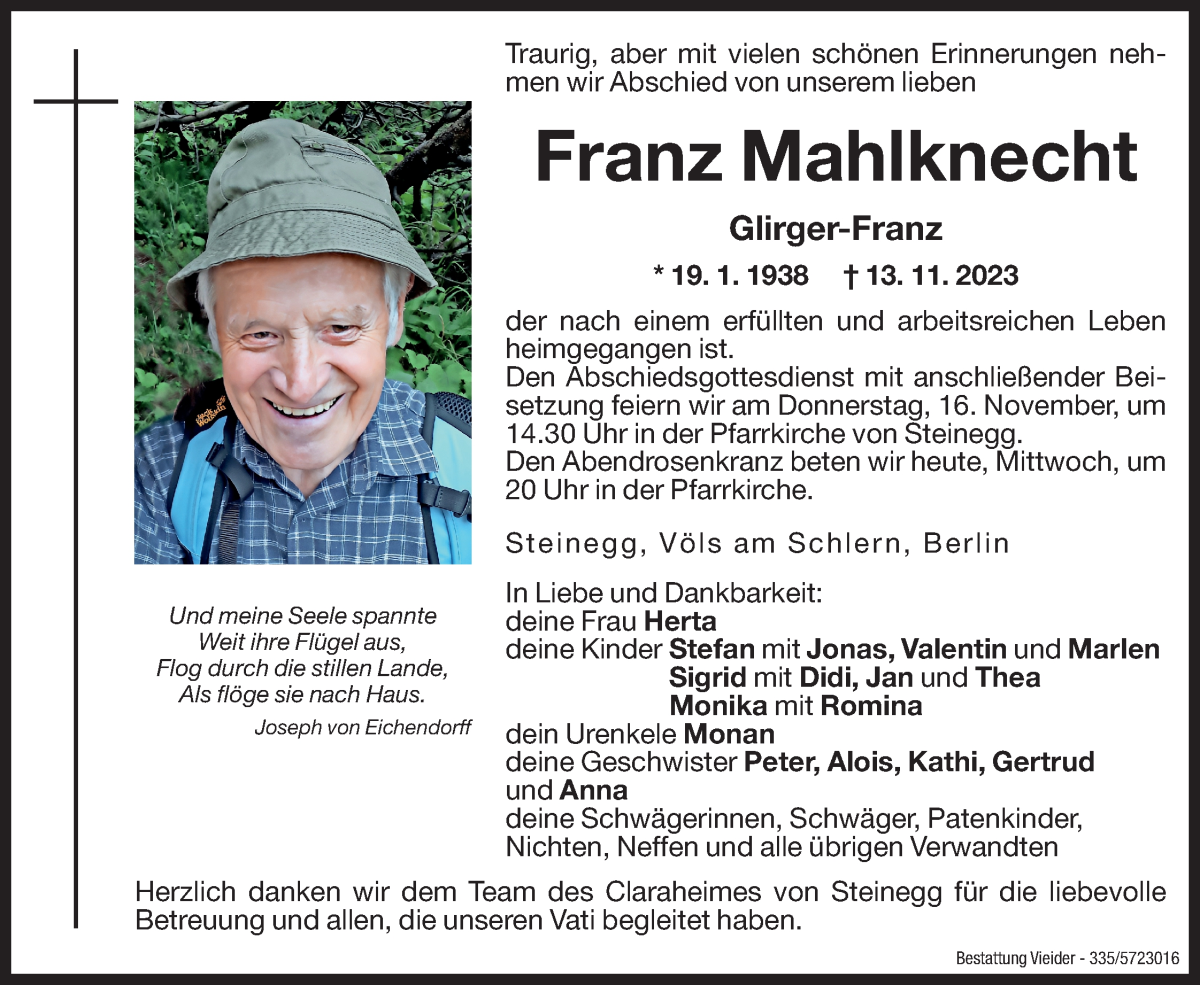  Traueranzeige für Franz Mahlknecht vom 15.11.2023 aus Dolomiten